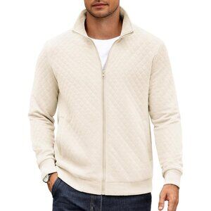 COOFANDY Men White Zip Up Mock Neck Quilted Lightweight Sweater Jacket